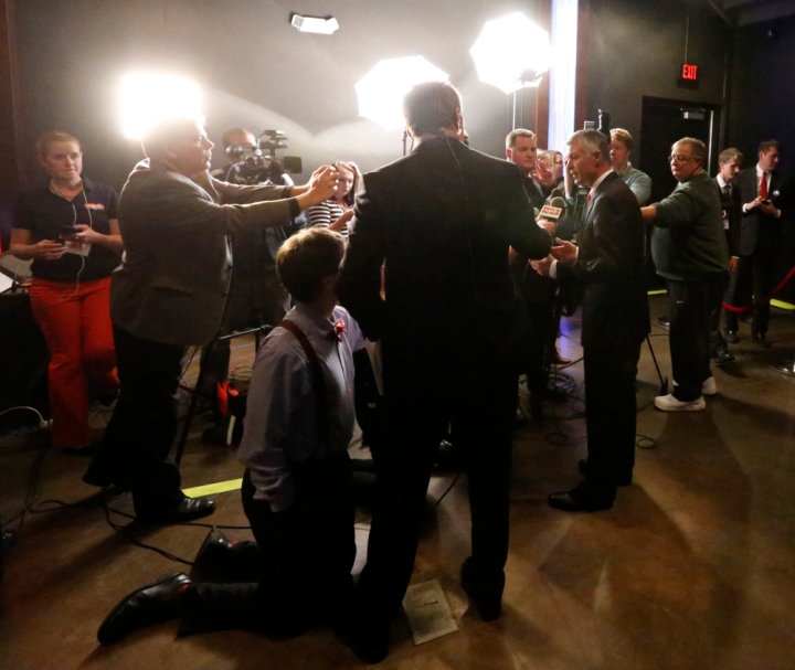 Attorney General Marty Jackley speaks to the media after winning re-election during the Republican Election Party on Tuesday night at The District restaurant in Sioux Falls. (Matt Gade/Republic)