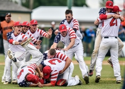 The Parkston Mudcats celebrate their 4-3 win over Alexandria for the Class B State Amateur Championship on Sunday at Cadwell Park. (Matt Gade/Republic)