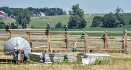 A group of Amish men work on a building a structure on a farm along Highway 18 just northwest of Tripp on Thursday morning. (Matt Gade/Republic)