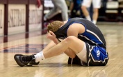 Dakota Wesleyan's Tate Martin (11) reacts to the Tigers loss to the York College Panthers during the second round of the NAIA Division II men's national tournament on Friday night in the Keeter Gymnasium at the College of the Ozarks in Point Lookout, MO. (Matt Gade/Republic)