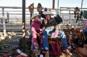 Taos Weborg, left, gets some words of wisdom from Jerry Hutchison, of Burke, before competing in the mini-saddle bronc during the 28th Annual Burke Stampede Rodeo on Saturday night at the Burke, South Dakota Rodeo Arena in Burke. Future Broncs and Bares events were added to the Burke Stampede Rodeo for the first time this year. Weborg won the HPYR Saddle Bronc & HPYR All-Around Champion.